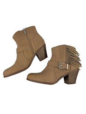 2/$30 Sam Edelman Circus Tan Fringed Leather Ankle Boots Block Heel Size 8.5